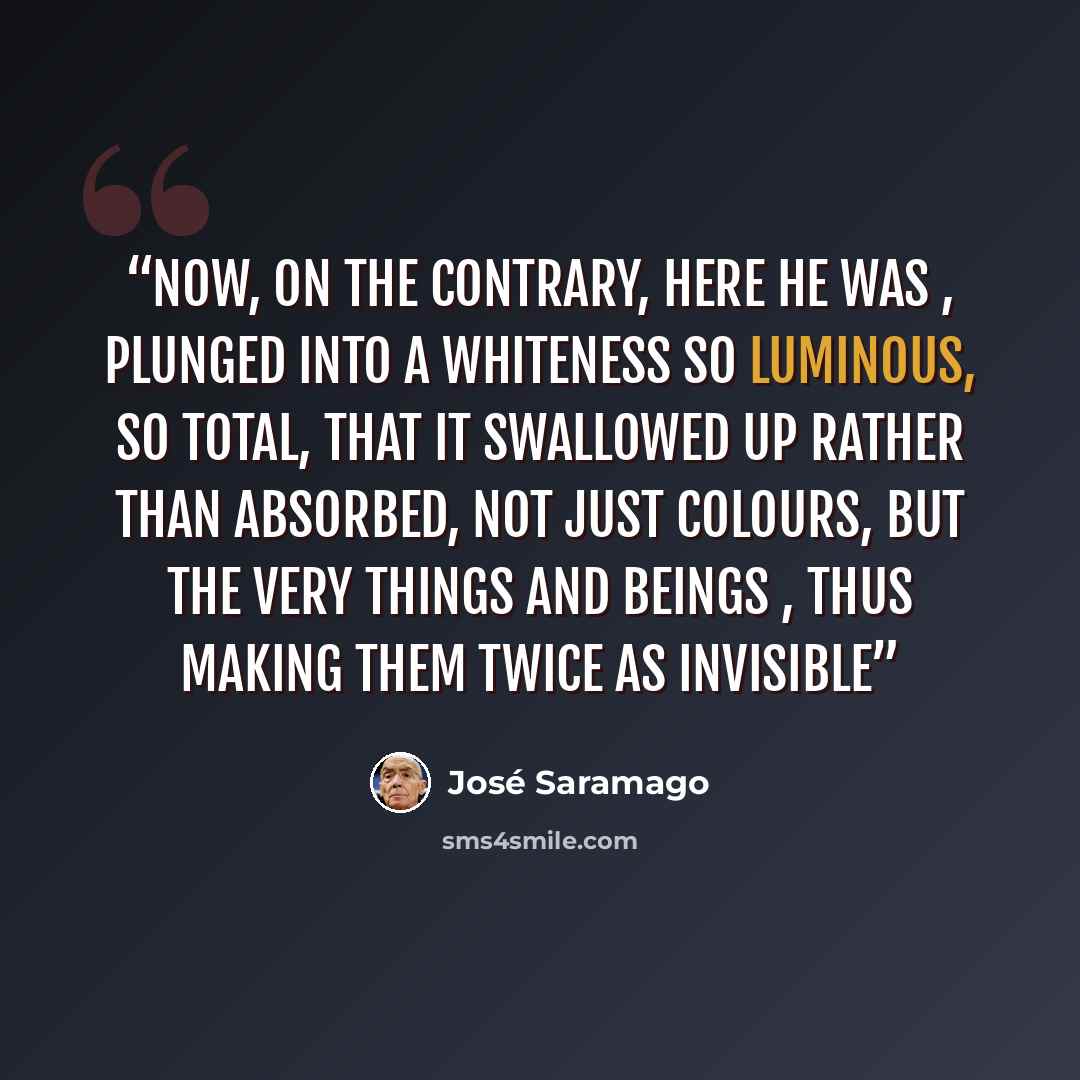 “Now, on the contrary, here he was , plunged into a whiteness so luminous, so total, that it swallowed up rather than absorbed, not just colours, but the very things and beings , thus making them twice as invisible” quote by José Saramago
