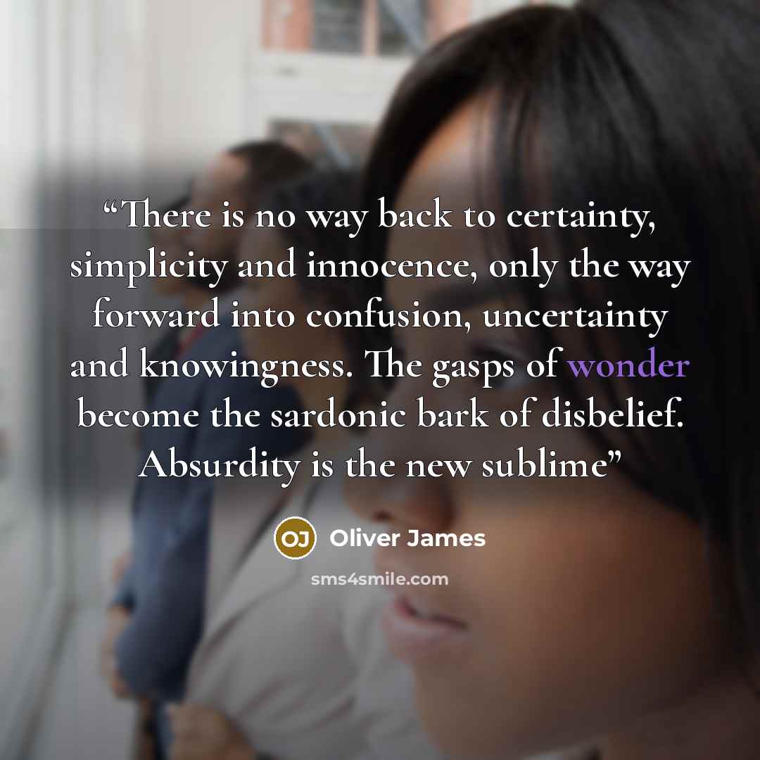 “There is no way back to certainty, simplicity and innocence, only the way forward into confusion, uncertainty and knowingness. The gasps of wonder become the sardonic bark of disbelief. Absurdity is the new sublime” quote by Oliver James