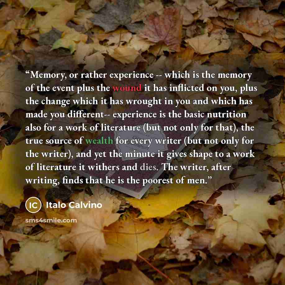 “Memory, or rather experience -- which is the memory of the event plus the wound it has inflicted on you, plus the change which it has wrought in you and which has made you different-- experience is the basic nutrition also for a work of literature (but not only for that), the true source of wealth…” quote by Italo Calvino