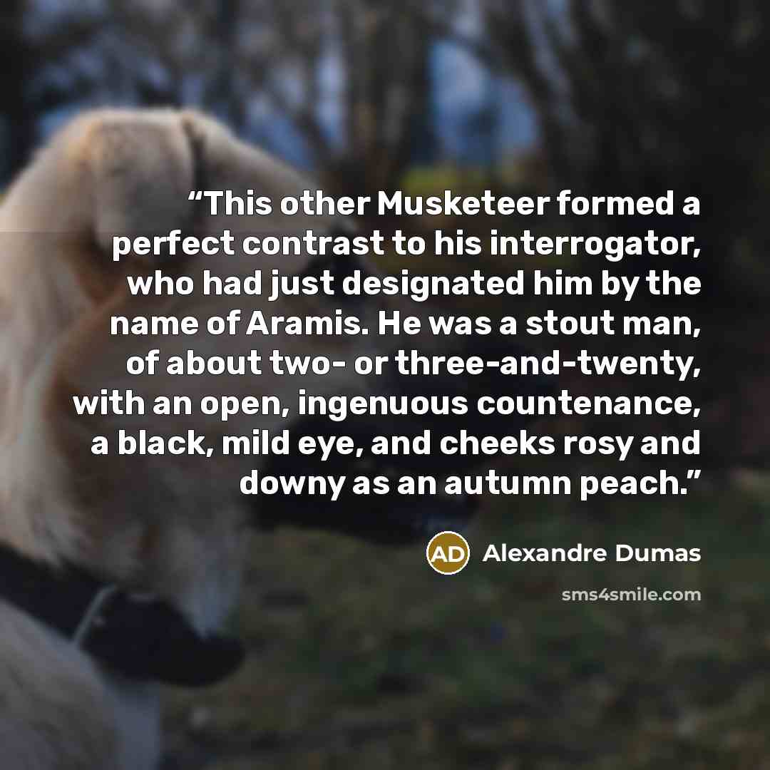 “This other Musketeer formed a perfect contrast to his interrogator, who had just designated him by the name of Aramis. He was a stout man, of about two- or three-and-twenty, with an open, ingenuous countenance, a black, mild eye, and cheeks rosy and downy as an autumn peach.” quote by Alexandre Dumas