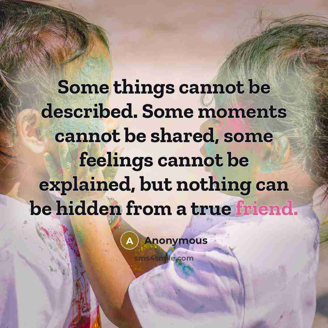 “Some things cannot be described. Some moments cannot be shared, some feelings cannot be explained, but nothing can be hidden from a true friend.” quote by Anonymous
