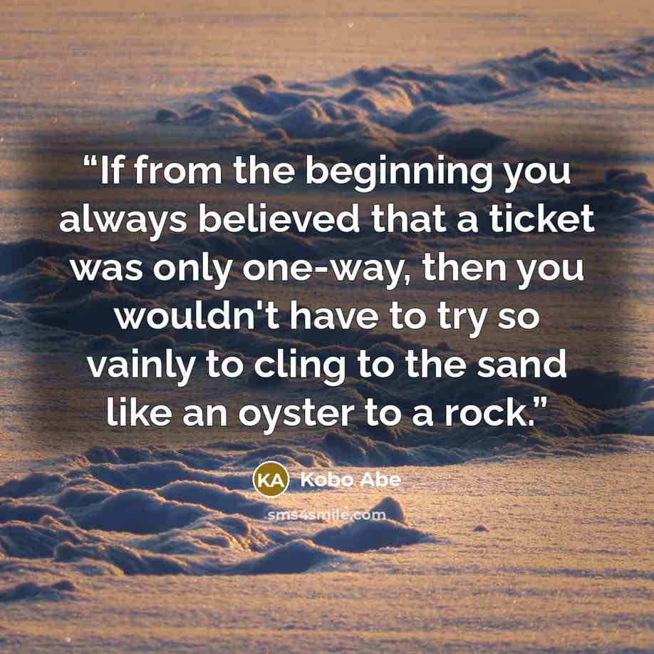 “If from the beginning you always believed that a ticket was only one-way, then you wouldn't have to try so vainly to cling to the sand like an oyster to a rock.” quote by Kōbō Abe