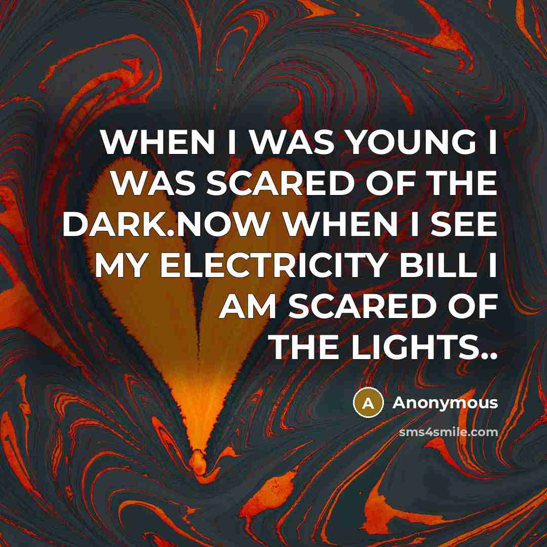 “WHEN I WAS YOUNG I WAS SCARED OF THE DARK.NOW WHEN I SEE MY ELECTRICITY BILL I AM SCARED OF THE LIGHTS..” quote by Anonymous