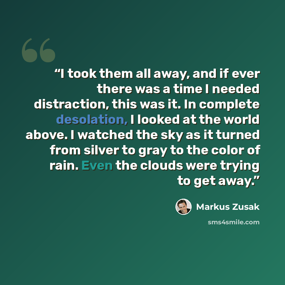 “I took them all away, and if ever there was a time I needed distraction, this was it. In complete desolation, I looked at the world above. I watched the sky as it turned from silver to gray to the color of rain. Even the clouds were trying to get away.” quote by Markus Zusak