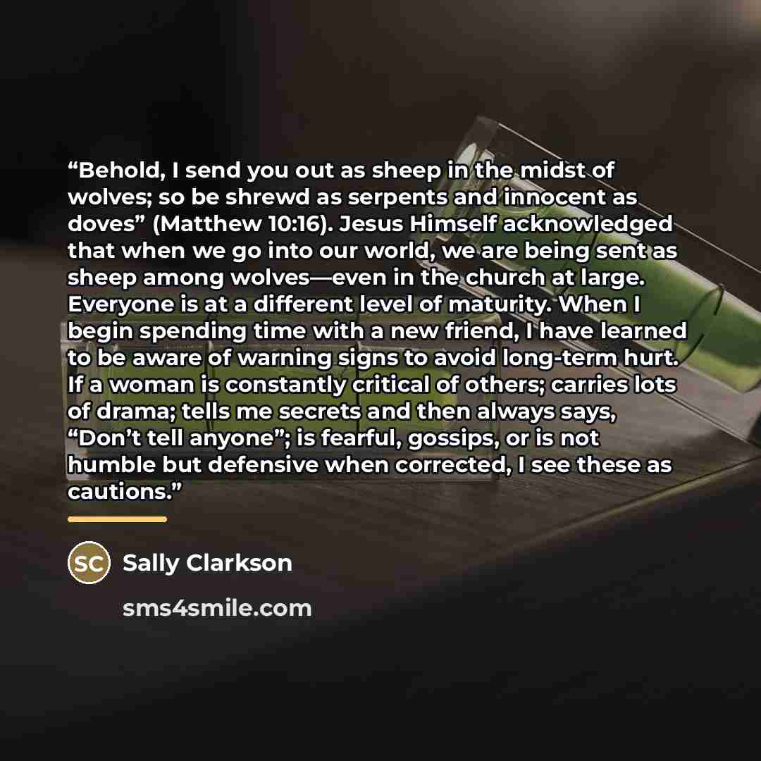 “Behold, I send you out as sheep in the midst of wolves; so be shrewd as serpents and innocent as doves” (Matthew 10:16). Jesus Himself acknowledged that when we go into our world, we are being sent as sheep among wolves—even in the church at large. Everyone is at a different level of maturity…” quote by Sally Clarkson