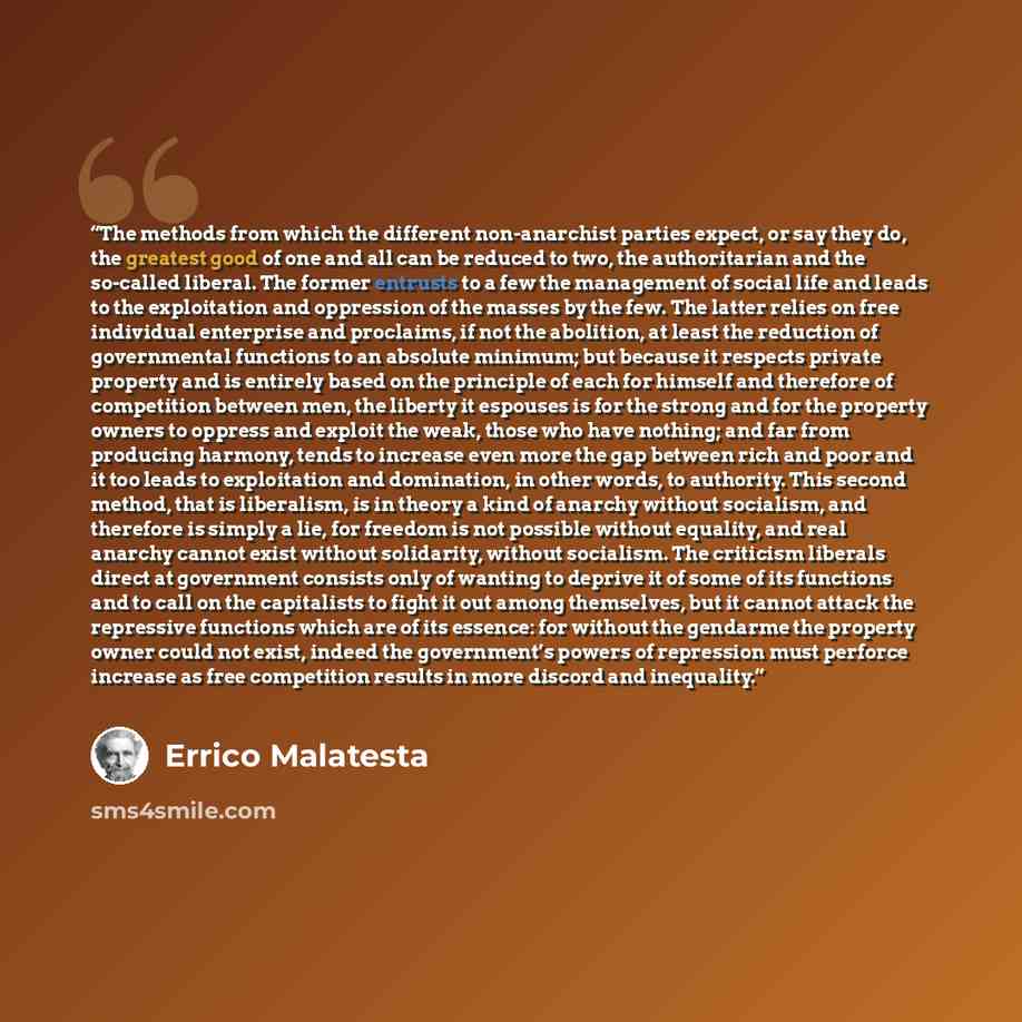 “The methods from which the different non-anarchist parties expect, or say they do, the greatest good of one and all can be reduced to two, the authoritarian and the so-called liberal. The former entrusts to a few the management of social life and leads to the exploitation and oppression of the…” quote by Errico Malatesta