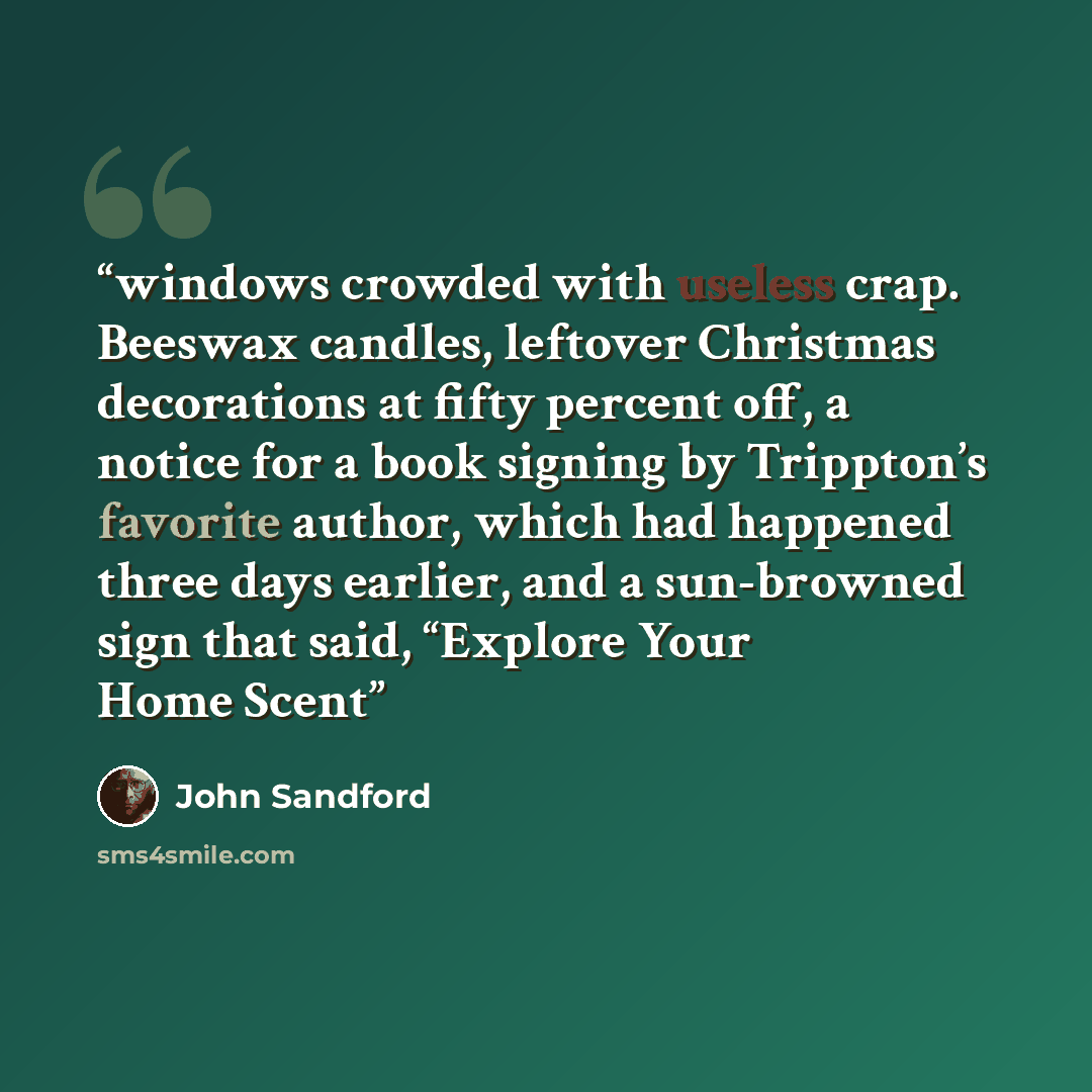 “windows crowded with useless crap. Beeswax candles, leftover Christmas decorations at fifty percent off, a notice for a book signing by Trippton’s favorite author, which had happened three days earlier, and a sun-browned sign that said, “Explore Your Home Scent” quote by John Sandford