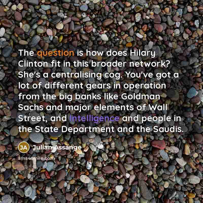 “The question is how does Hilary Clinton fit in this broader network? She's a centralising cog. You've got a lot of different gears in operation from the big banks like Goldman Sachs and major elements of Wall Street, and Intelligence and people in the State Department and the Saudis.” quote by Julian Assange