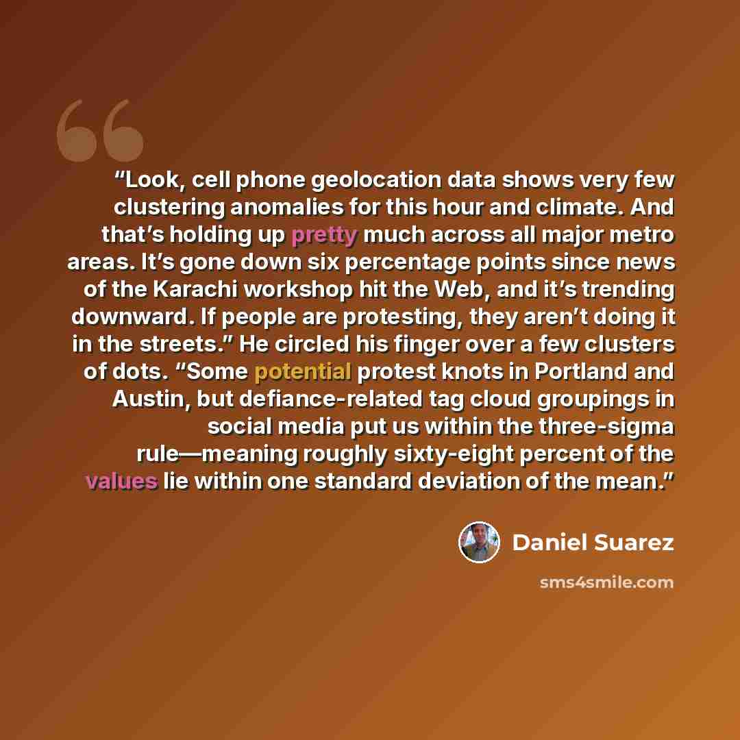 “Look, cell phone geolocation data shows very few clustering anomalies for this hour and climate. And that’s holding up pretty much across all major metro areas. It’s gone down six percentage points since news of the Karachi workshop hit the Web, and it’s trending downward. If people are…” quote by Daniel Suarez