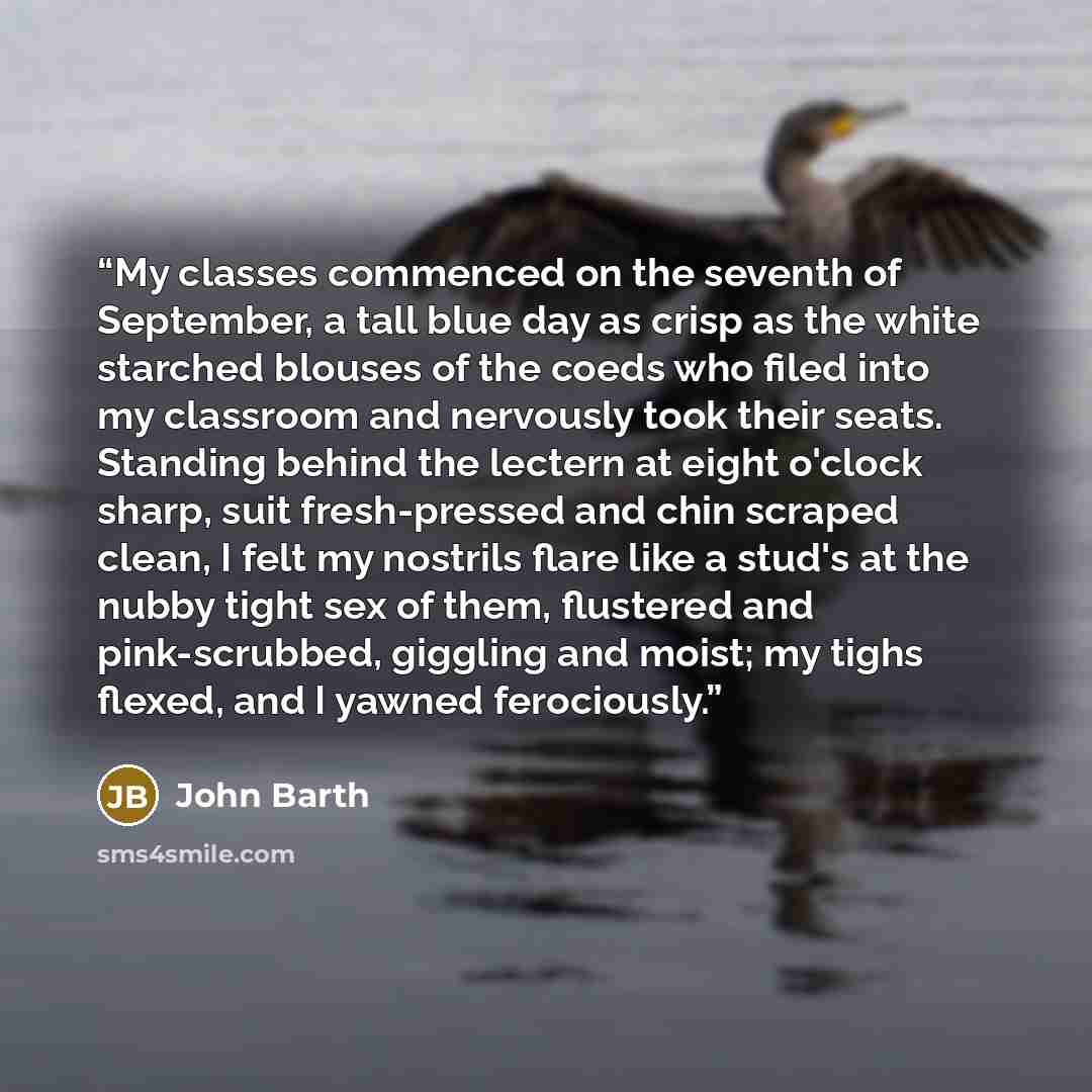 “My classes commenced on the seventh of September, a tall blue day as crisp as the white starched blouses of the coeds who filed into my classroom and nervously took their seats. Standing behind the lectern at eight o'clock sharp, suit fresh-pressed and chin scraped clean, I felt my nostrils flare…” quote by John Barth