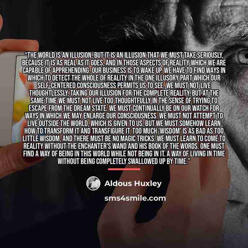 “The world is an illusion, but it is an illusion that we must take seriously, because it is as real as it goes, and in those aspects of reality which we are capable of apprehending. Our business is to wake up. We have to find ways in which to detect the whole of reality in the one illusory part…” quote by Aldous Huxley