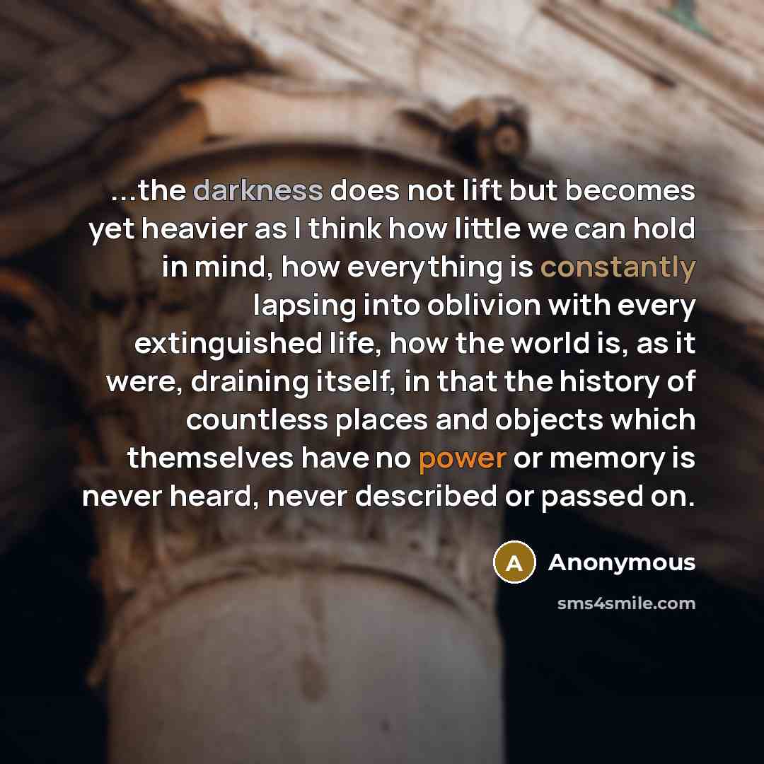 “...the darkness does not lift but becomes yet heavier as I think how little we can hold in mind, how everything is constantly lapsing into oblivion with every extinguished life, how the world is, as it were, draining itself, in that the history of countless places and objects which themselves have…” quote by Anonymous