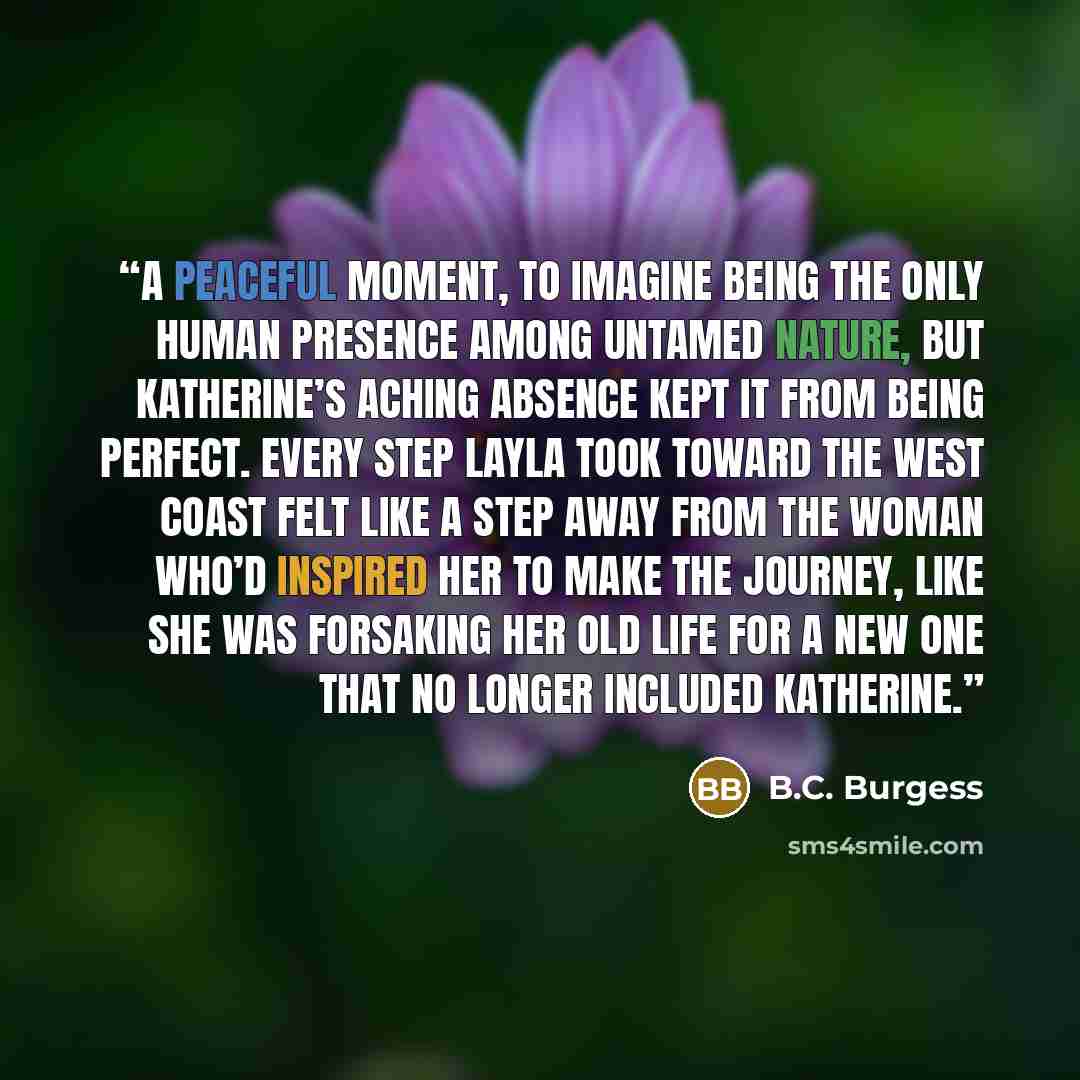 “A peaceful moment, to imagine being the only human presence among untamed nature, but Katherine’s aching absence kept it from being perfect. Every step Layla took toward the west coast felt like a step away from the woman who’d inspired her to make the journey, like she was forsaking her old life…” quote by B.C. Burgess