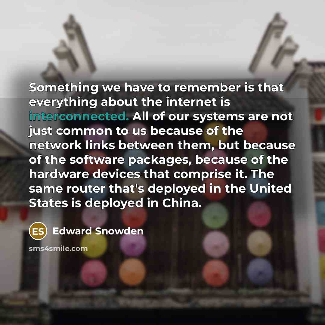 “Something we have to remember is that everything about the internet is interconnected. All of our systems are not just common to us because of the network links between them, but because of the software packages, because of the hardware devices that comprise it. The same router that's deployed in…” quote by Edward Snowden