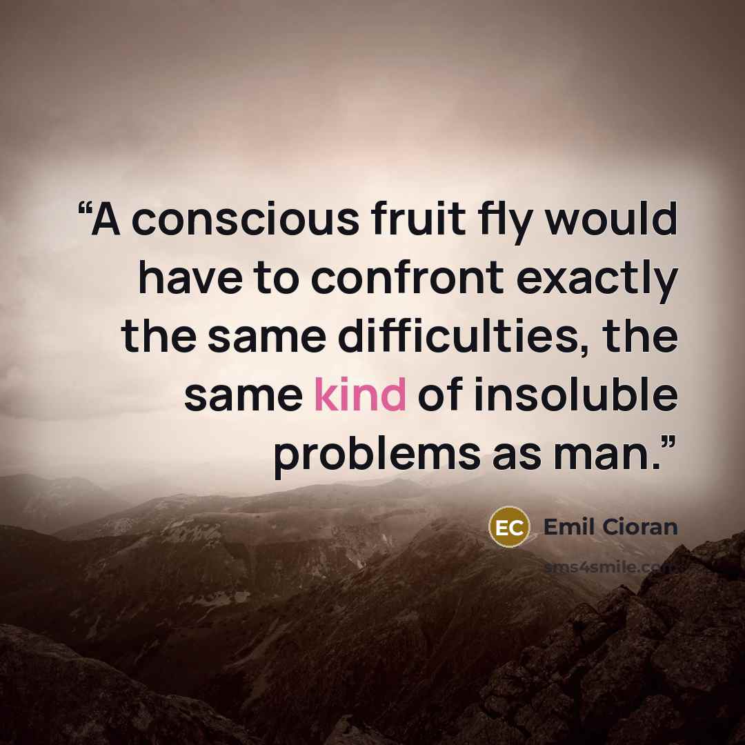 “A conscious fruit fly would have to confront exactly the same difficulties, the same kind of insoluble problems as man.” quote by Emil Cioran