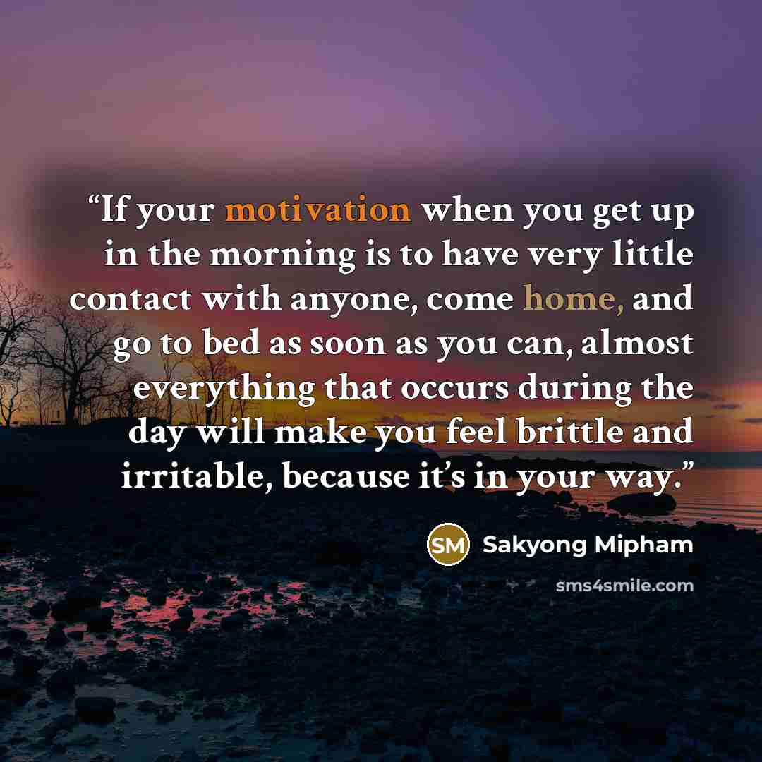 “If your motivation when you get up in the morning is to have very little contact with anyone, come home, and go to bed as soon as you can, almost everything that occurs during the day will make you feel brittle and irritable, because it’s in your way.” quote by Sakyong Mipham