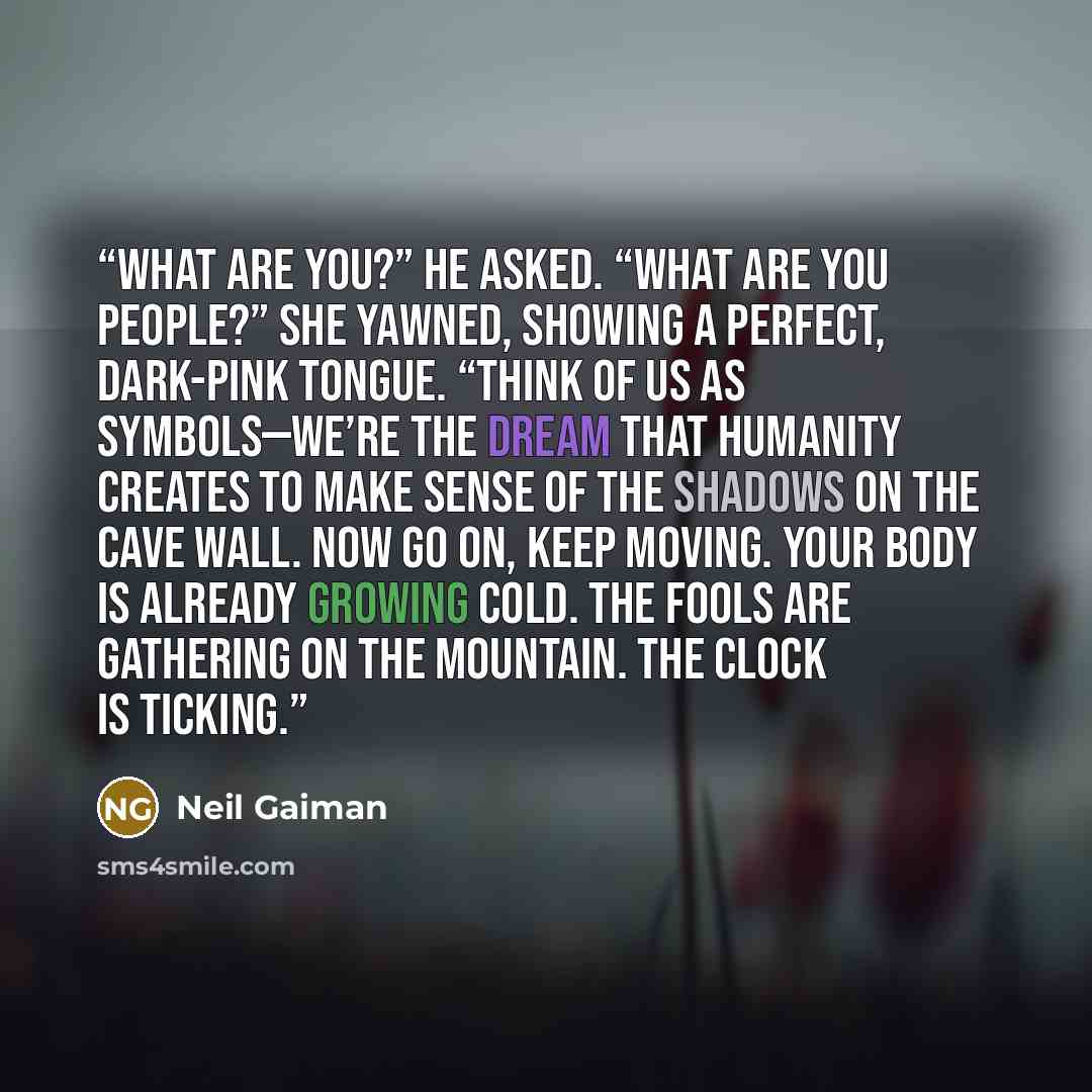 “What are you?” he asked. “What are you people?” She yawned, showing a perfect, dark-pink tongue. “Think of us as symbols—we’re the dream that humanity creates to make sense of the shadows on the cave wall. Now go on, keep moving. Your body is already growing cold. The fools are gathering on the…” quote by Neil Gaiman