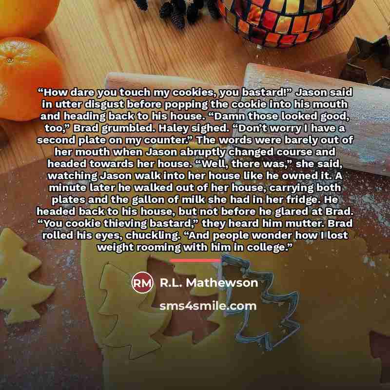 “How dare you touch my cookies, you bastard!” Jason said in utter disgust before popping the cookie into his mouth and heading back to his house. “Damn those looked good, too,” Brad grumbled. Haley sighed. “Don’t worry I have a second plate on my counter.” The words were barely out of her mouth…” quote by R.L. Mathewson