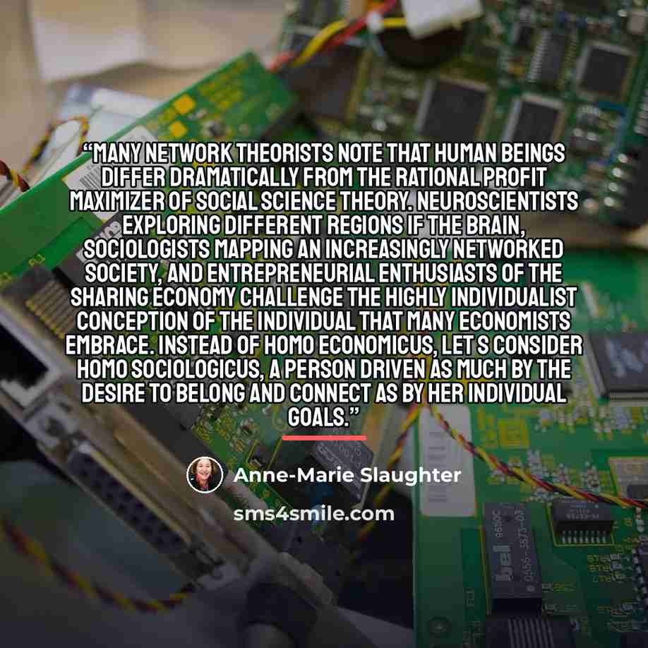 “Many network theorists note that human beings differ dramatically from the rational profit maximizer of social science theory. Neuroscientists exploring different regions if the brain, sociologists mapping an increasingly networked society, and entrepreneurial enthusiasts of the sharing economy…” quote by Anne-Marie Slaughter