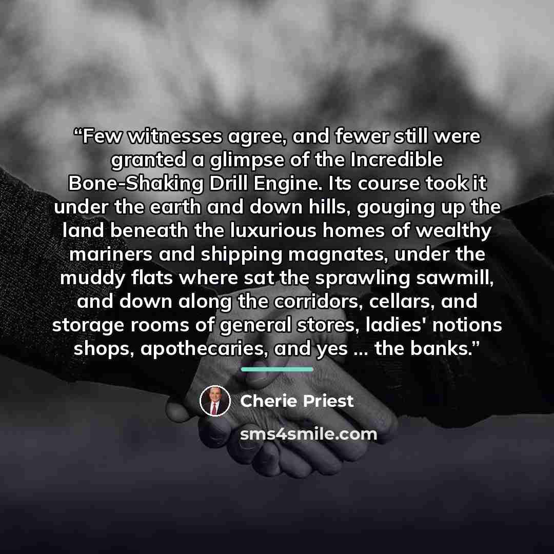 “Few witnesses agree, and fewer still were granted a glimpse of the Incredible Bone-Shaking Drill Engine. Its course took it under the earth and down hills, gouging up the land beneath the luxurious homes of wealthy mariners and shipping magnates, under the muddy flats where sat the sprawling…” quote by Cherie Priest