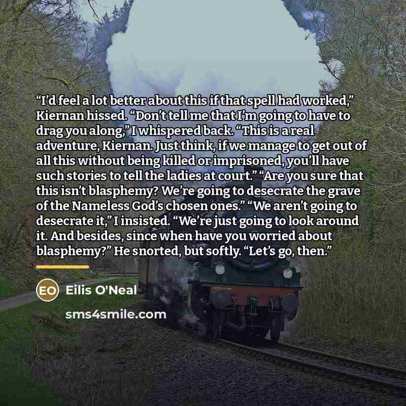 “I’d feel a lot better about this if that spell had worked,” Kiernan hissed. “Don’t tell me that I’m going to have to drag you along,” I whispered back. “This is a real adventure, Kiernan. Just think, if we manage to get out of all this without being killed or imprisoned, you’ll have such stories…” quote by Eilis O'Neal