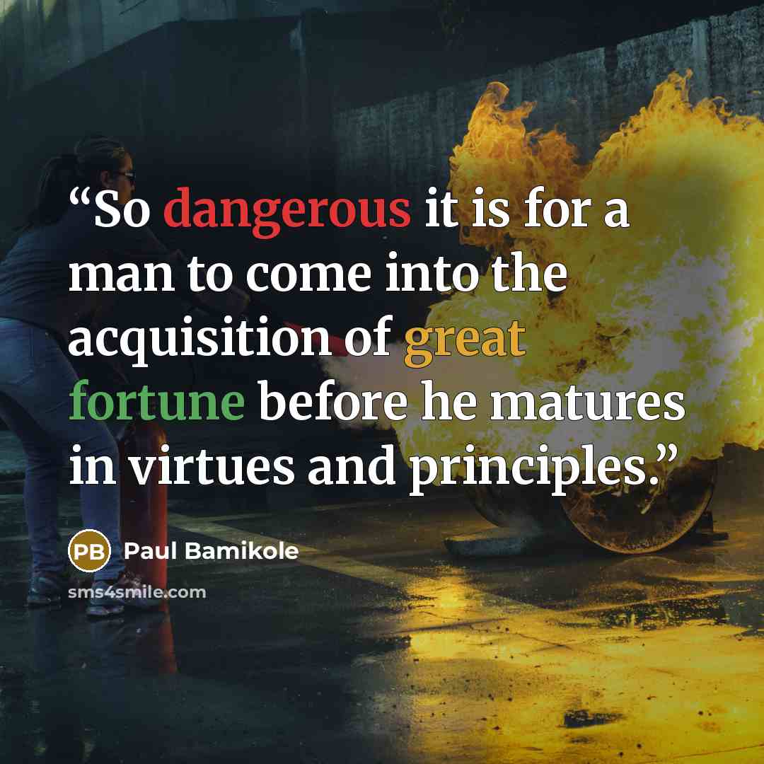 “So dangerous it is for a man to come into the acquisition of great fortune before he matures in virtues and principles.” quote by Paul Bamikole