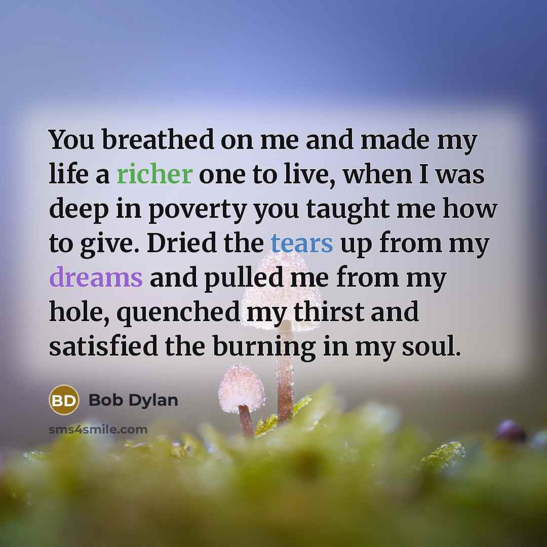 “You breathed on me and made my life a richer one to live, when I was deep in poverty you taught me how to give. Dried the tears up from my dreams and pulled me from my hole, quenched my thirst and satisfied the burning in my soul.” quote by Bob Dylan