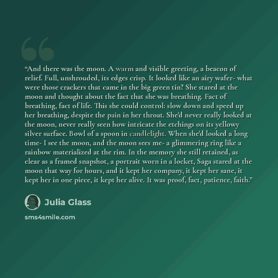 “And there was the moon. A warm and visible greeting, a beacon of relief. Full, unshrouded, its edges crisp. It looked like an airy wafer- what were those crackers that came in the big green tin? She stared at the moon and thought about the fact that she was breathing. Fact of breathing, fact of…” quote by Julia Glass