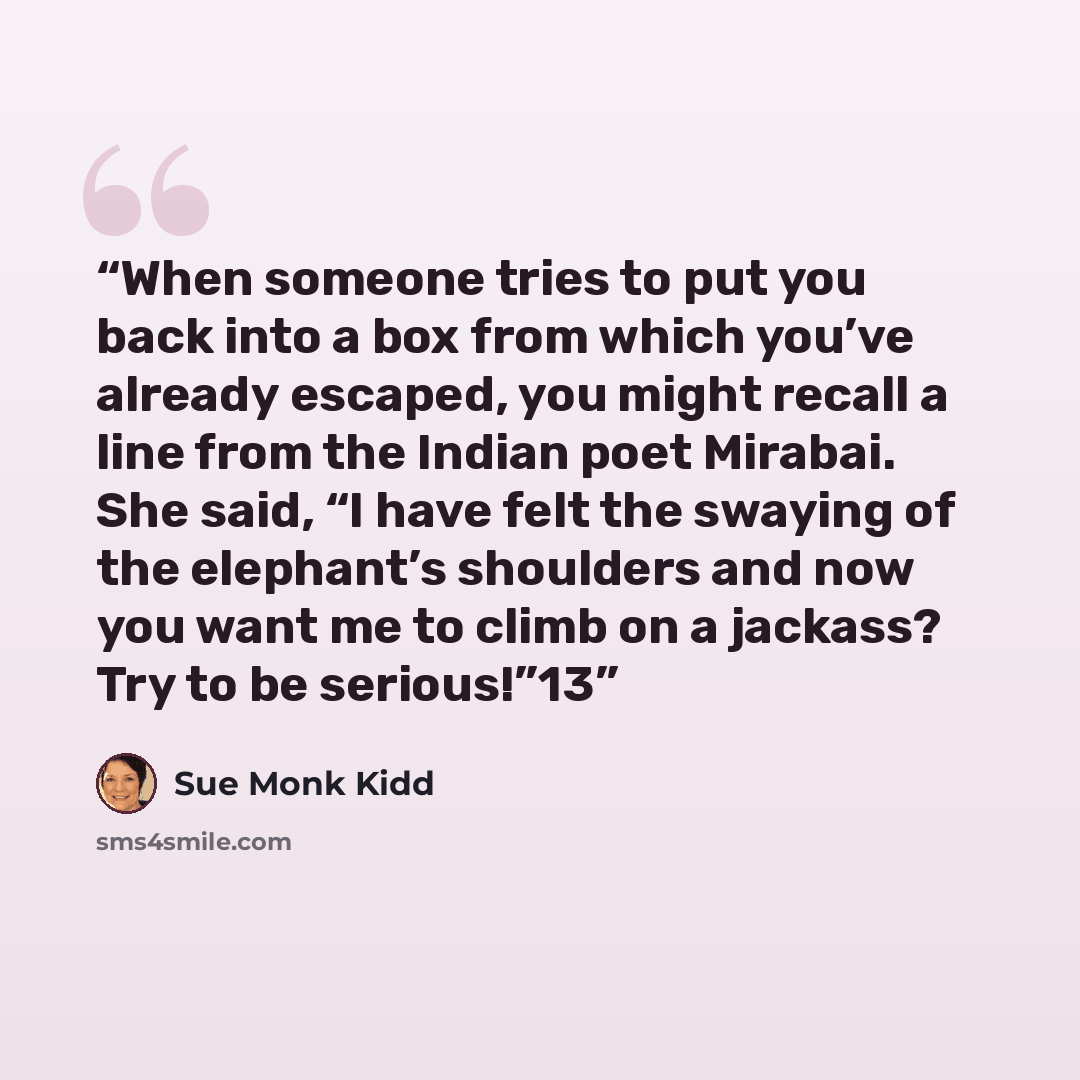 “When someone tries to put you back into a box from which you’ve already escaped, you might recall a line from the Indian poet Mirabai. She said, “I have felt the swaying of the elephant’s shoulders and now you want me to climb on a jackass? Try to be serious!”13” quote by Sue Monk Kidd
