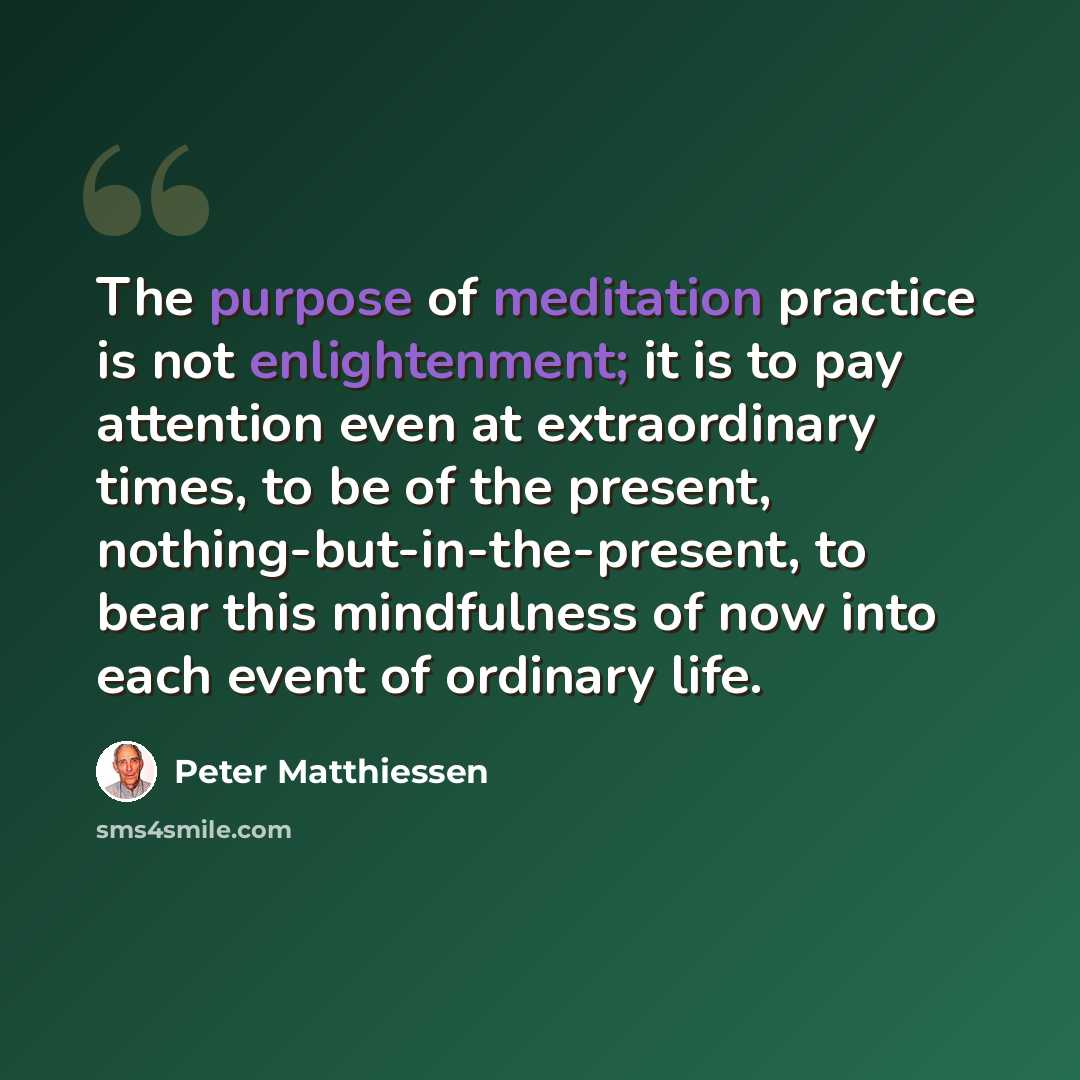 “The purpose of meditation practice is not enlightenment; it is to pay attention even at extraordinary times, to be of the present, nothing-but-in-the-present, to bear this mindfulness of now into each event of ordinary life.” quote by Peter Matthiessen