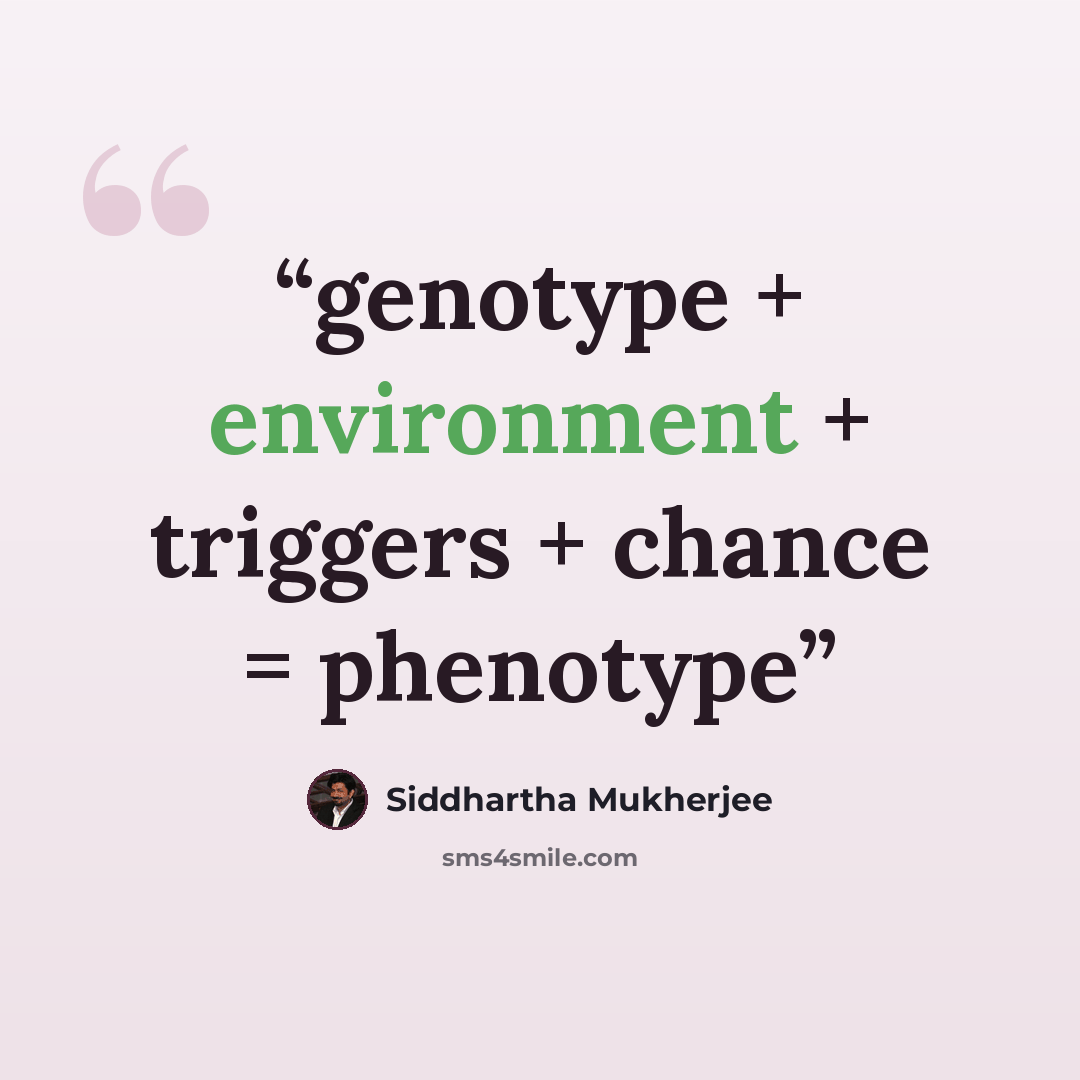 “genotype + environment + triggers + chance = phenotype” quote by Siddhartha Mukherjee