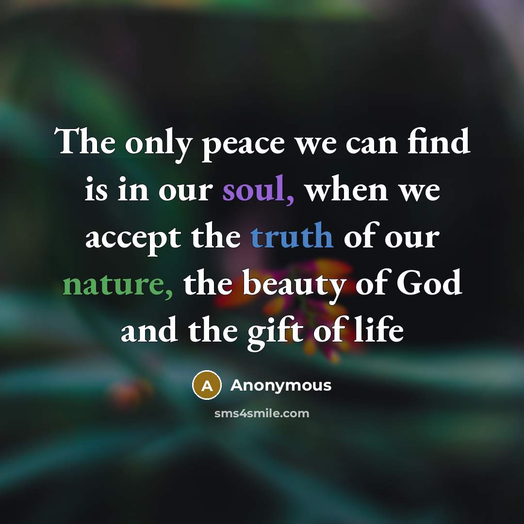 “The only peace we can find is in our soul, when we accept the truth of our nature, the beauty of God and the gift of life” quote by Anonymous