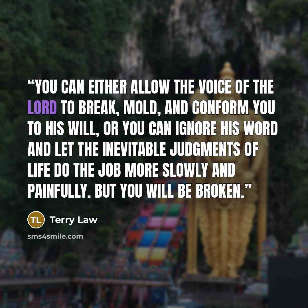 “You can either allow the voice of the Lord to break, mold, and conform you to His will, or you can ignore His Word and let the inevitable judgments of life do the job more slowly and painfully. But you will be broken.” quote by Terry Law