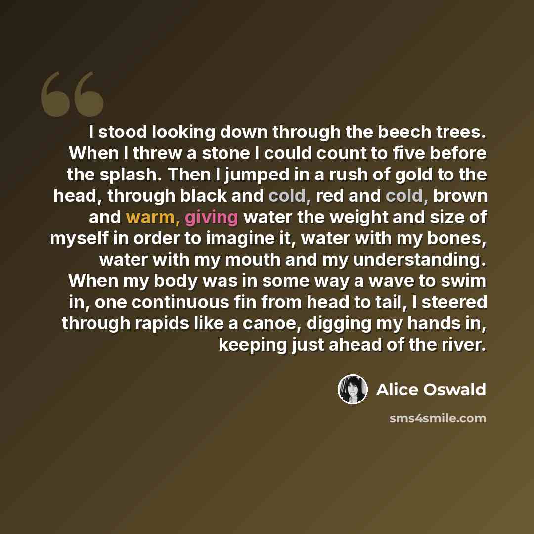 “I stood looking down through the beech trees. When I threw a stone I could count to five before the splash. Then I jumped in a rush of gold to the head, through black and cold, red and cold, brown and warm, giving water the weight and size of myself in order to imagine it, water with my bones…” quote by Alice Oswald