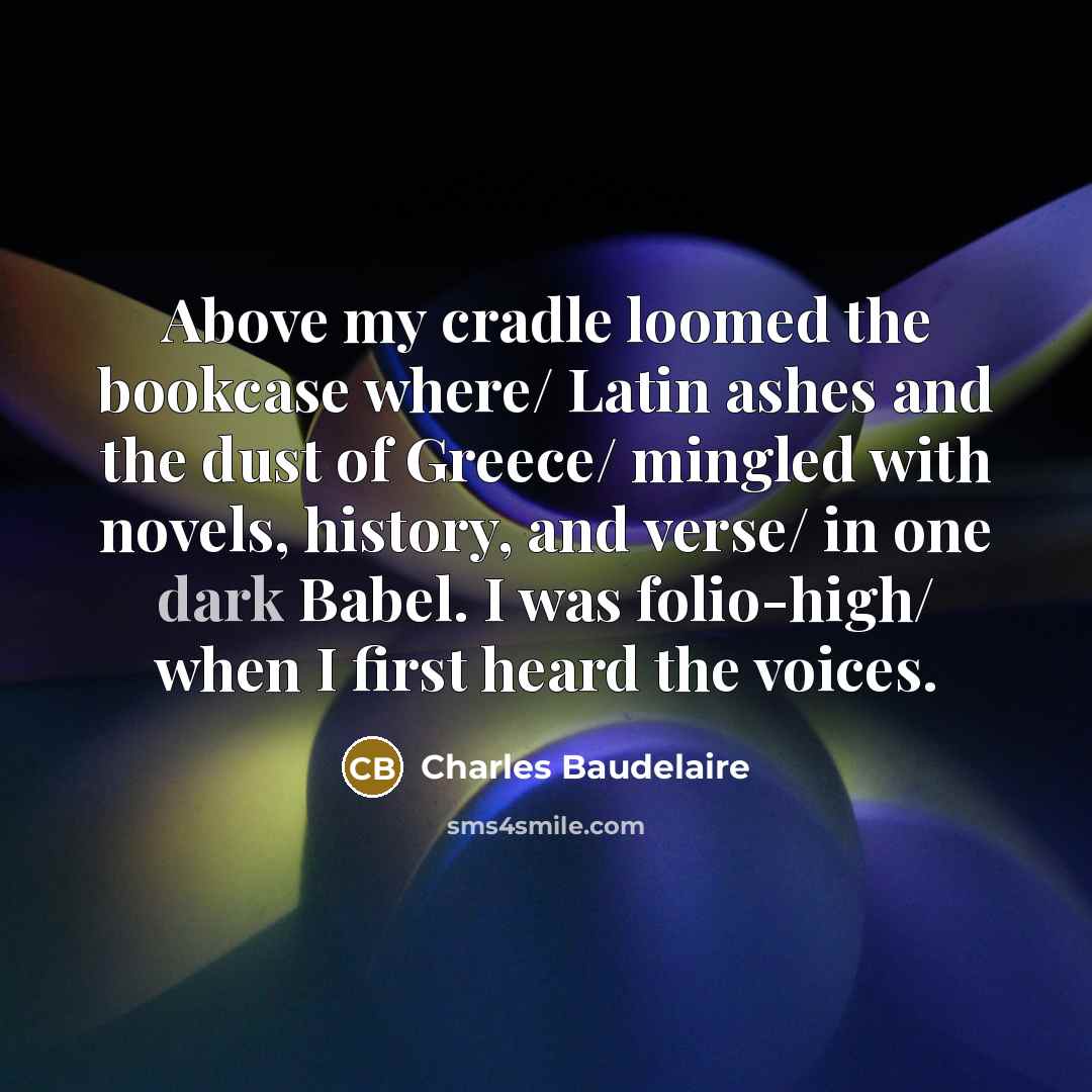 “Above my cradle loomed the bookcase where/ Latin ashes and the dust of Greece/ mingled with novels, history, and verse/ in one dark Babel. I was folio-high/ when I first heard the voices.” quote by Charles Baudelaire