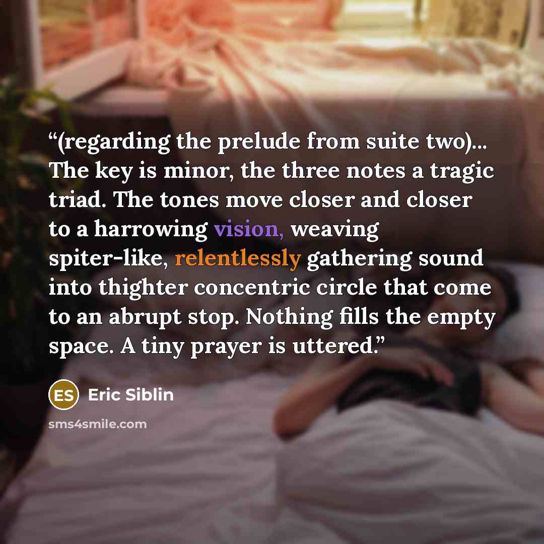“(regarding the prelude from suite two)... The key is minor, the three notes a tragic triad. The tones move closer and closer to a harrowing vision, weaving spiter-like, relentlessly gathering sound into thighter concentric circle that come to an abrupt stop. Nothing fills the empty space. A tiny…” quote by Eric Siblin
