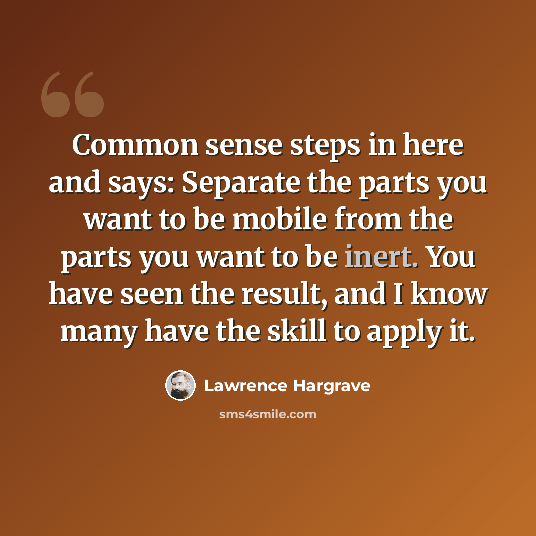 “Common sense steps in here and says: Separate the parts you want to be mobile from the parts you want to be inert. You have seen the result, and I know many have the skill to apply it.” quote by Lawrence Hargrave