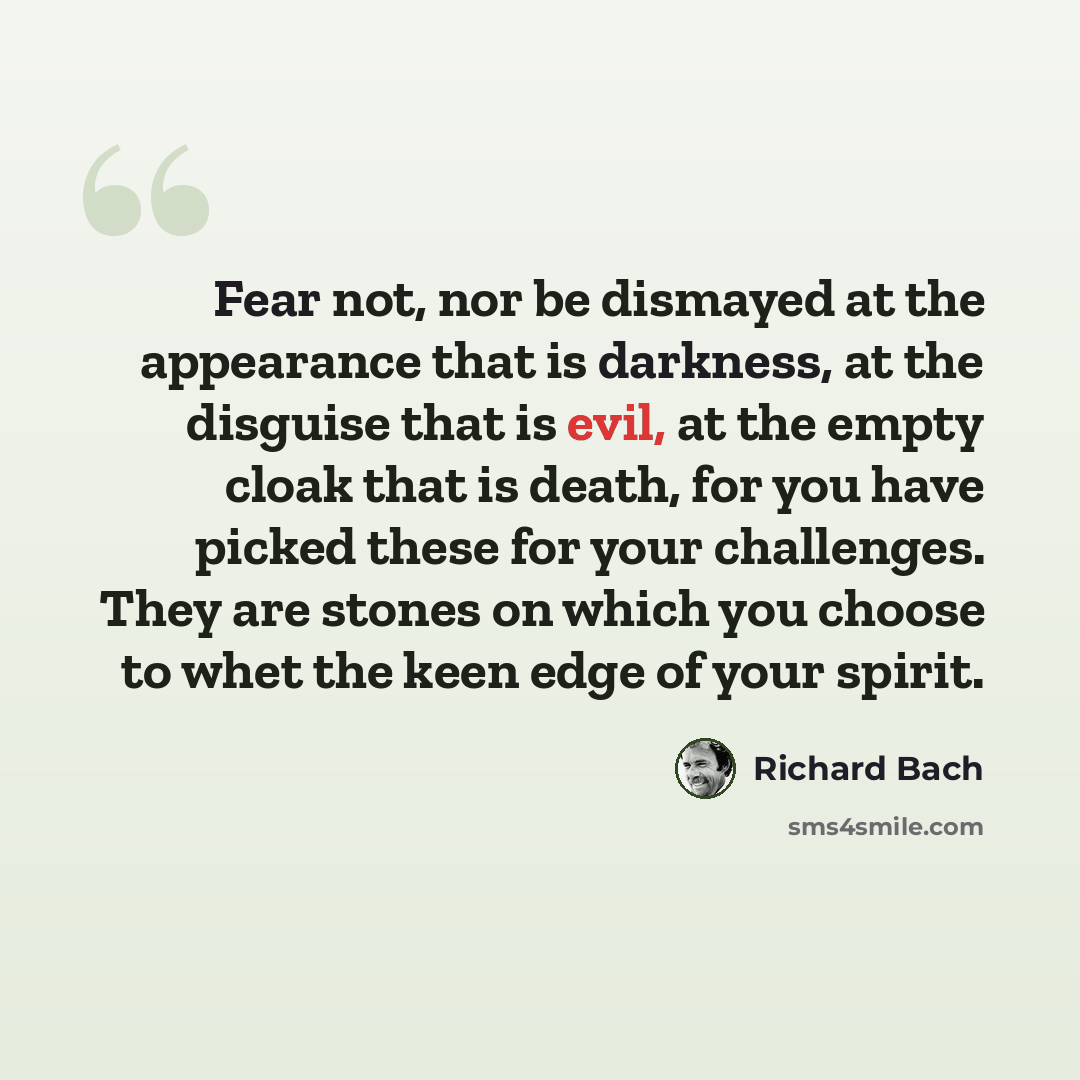 “Fear not, nor be dismayed at the appearance that is darkness, at the disguise that is evil, at the empty cloak that is death, for you have picked these for your challenges. They are stones on which you choose to whet the keen edge of your spirit.” quote by Richard Bach