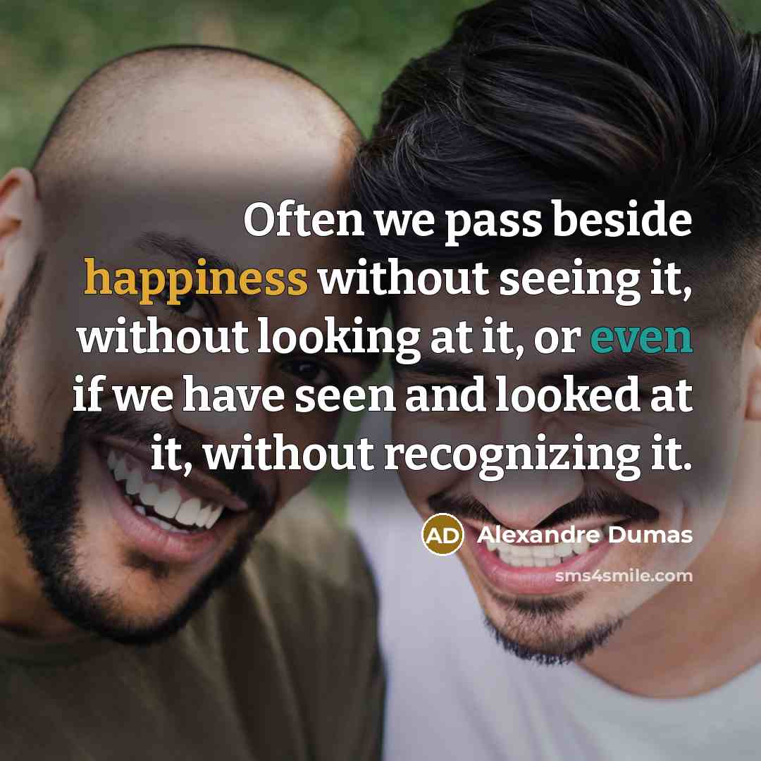 “Often we pass beside happiness without seeing it, without looking at it, or even if we have seen and looked at it, without recognizing it.” quote by Alexandre Dumas