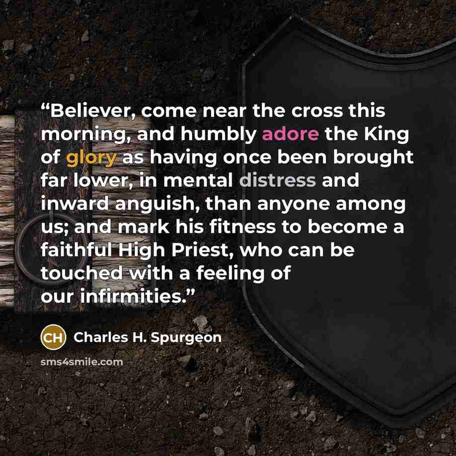 “Believer, come near the cross this morning, and humbly adore the King of glory as having once been brought far lower, in mental distress and inward anguish, than anyone among us; and mark his fitness to become a faithful High Priest, who can be touched with a feeling of our infirmities.” quote by Charles H. Spurgeon