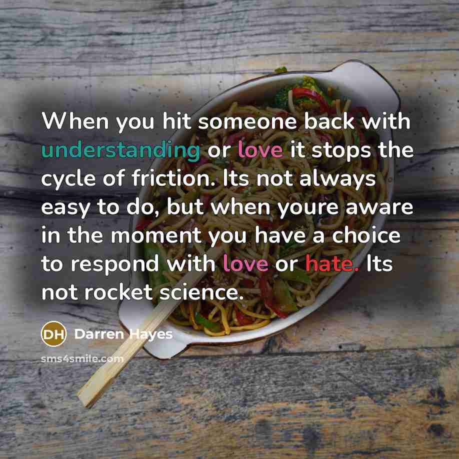 “When you hit someone back with understanding or love it stops the cycle of friction. Its not always easy to do, but when youre aware in the moment you have a choice to respond with love or hate. Its not rocket science.” quote by Darren Hayes