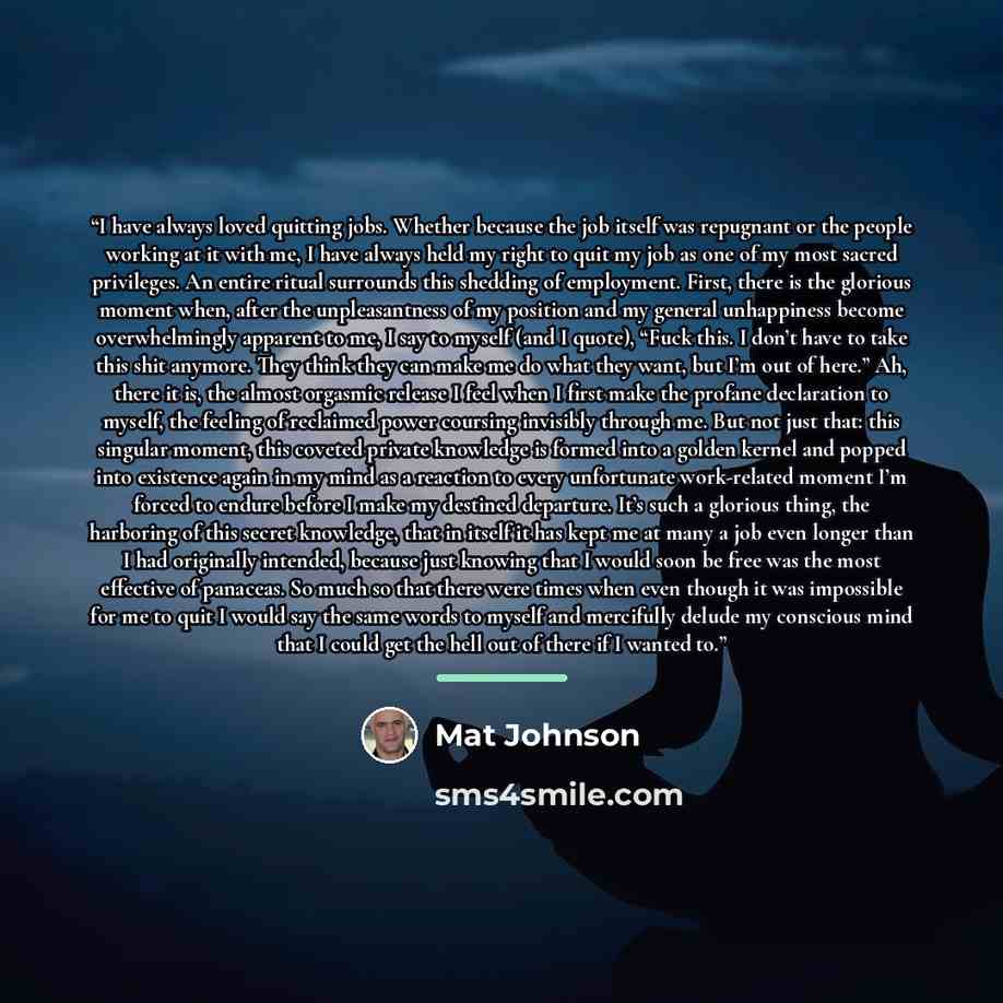 “I have always loved quitting jobs. Whether because the job itself was repugnant or the people working at it with me, I have always held my right to quit my job as one of my most sacred privileges. An entire ritual surrounds this shedding of employment. First, there is the glorious moment when…” quote by Mat Johnson