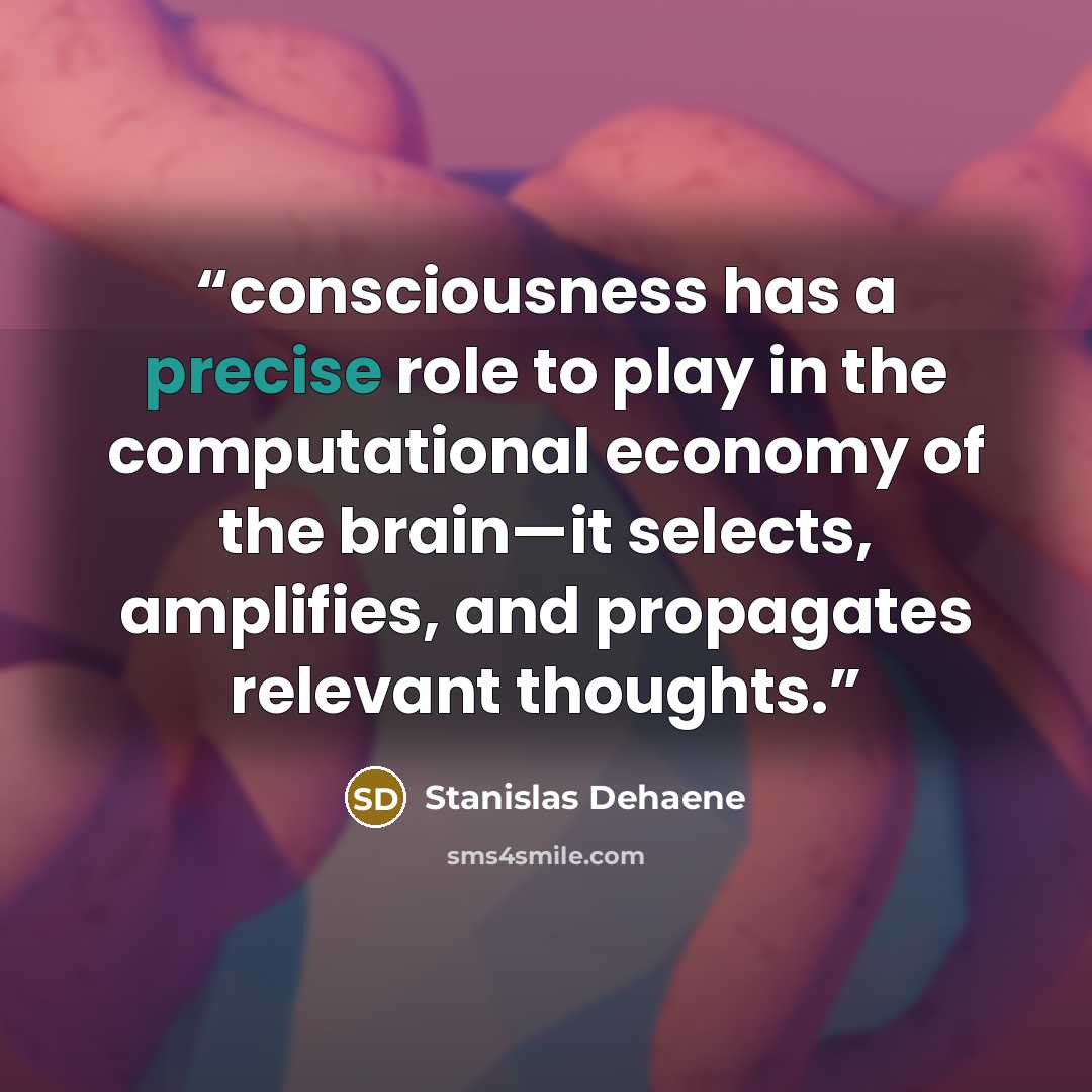 “consciousness has a precise role to play in the computational economy of the brain—it selects, amplifies, and propagates relevant thoughts.” quote by Stanislas Dehaene