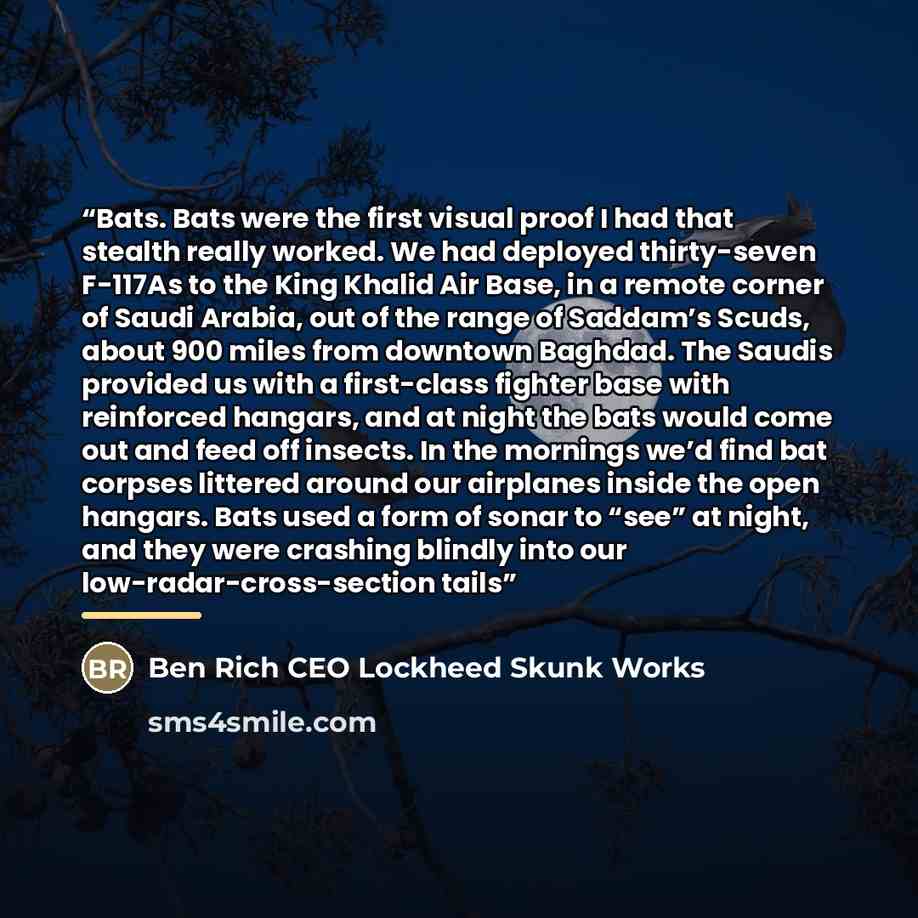 “Bats. Bats were the first visual proof I had that stealth really worked. We had deployed thirty-seven F-117As to the King Khalid Air Base, in a remote corner of Saudi Arabia, out of the range of Saddam’s Scuds, about 900 miles from downtown Baghdad. The Saudis provided us with a first-class…” quote by Ben Rich CEO Lockheed Skunk Works