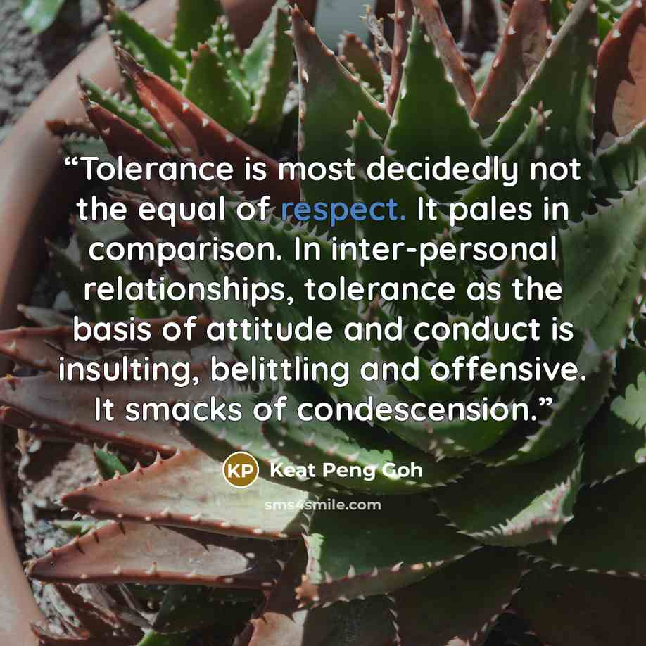 “Tolerance is most decidedly not the equal of respect. It pales in comparison. In inter-personal relationships, tolerance as the basis of attitude and conduct is insulting, belittling and offensive. It smacks of condescension.” quote by Keat Peng Goh