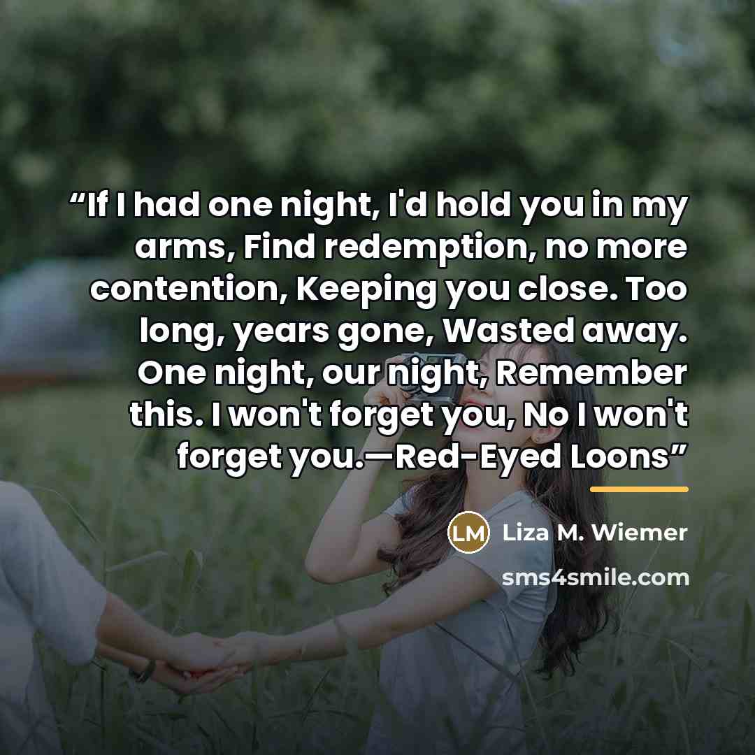 “If I had one night, I'd hold you in my arms, Find redemption, no more contention, Keeping you close. Too long, years gone, Wasted away. One night, our night, Remember this. I won't forget you, No I won't forget you.—Red-Eyed Loons” quote by Liza M. Wiemer