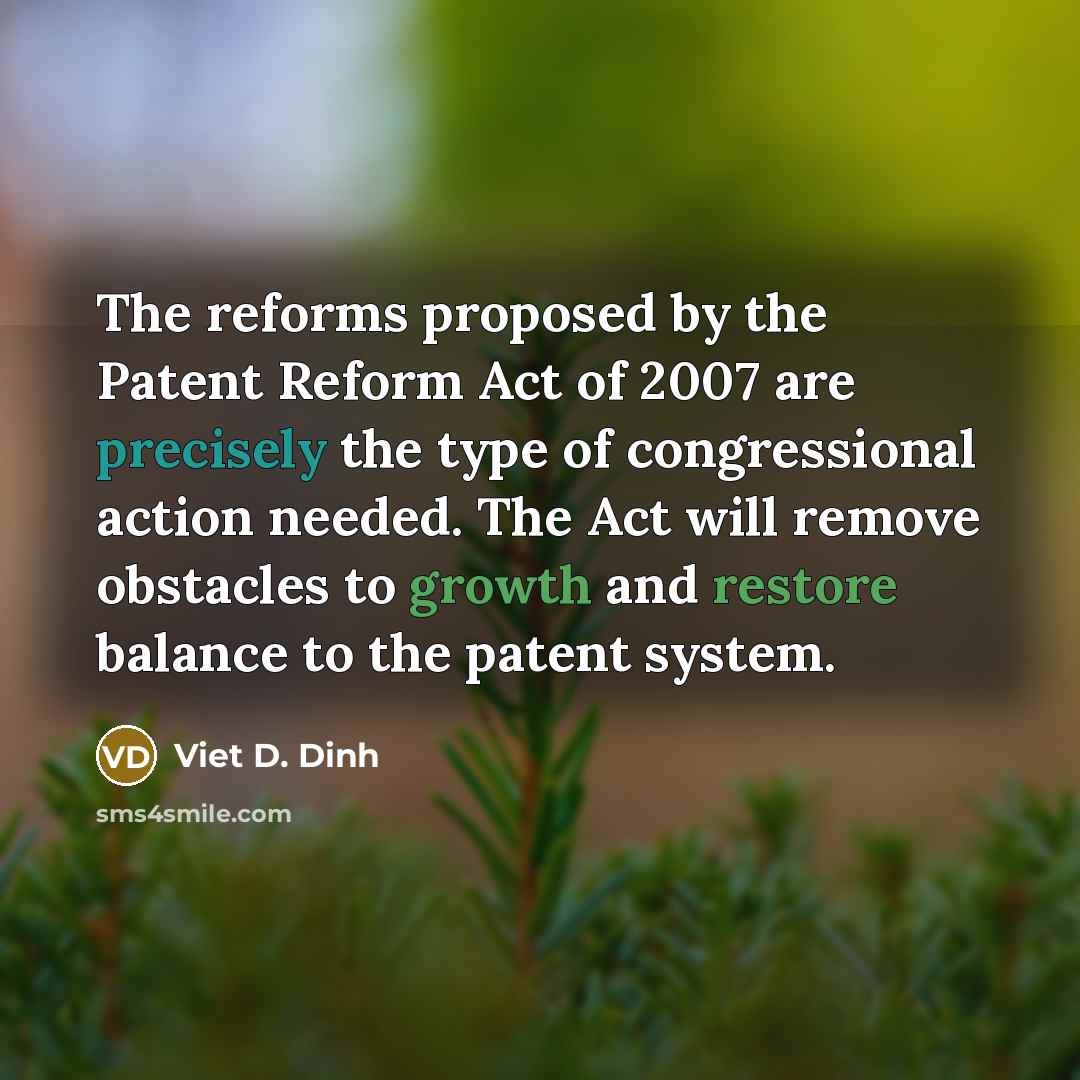 “The reforms proposed by the Patent Reform Act of 2007 are precisely the type of congressional action needed. The Act will remove obstacles to growth and restore balance to the patent system.” quote by Viet D. Dinh