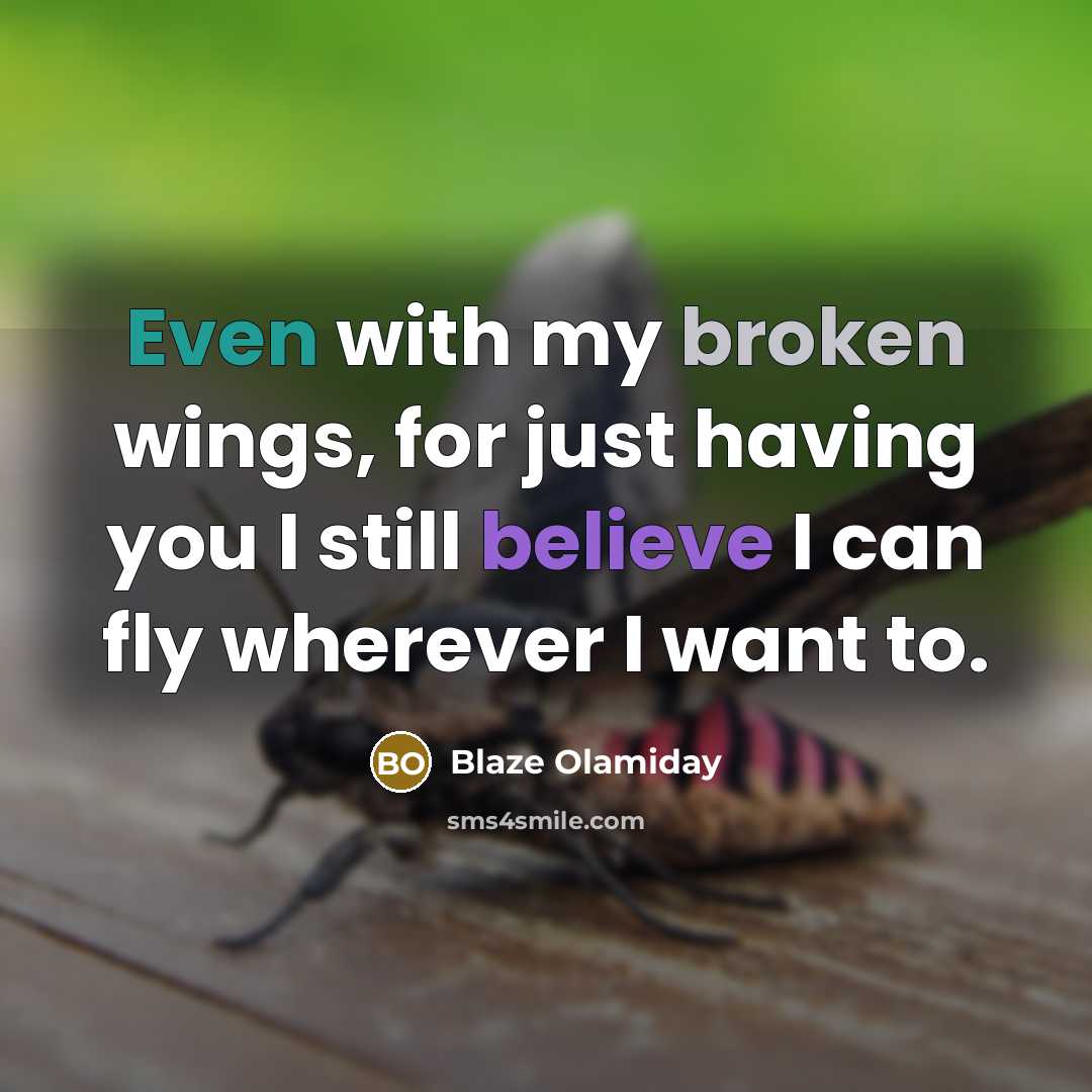 “Even with my broken wings, for just having you I still believe I can fly wherever I want to.” quote by Blaze Olamiday