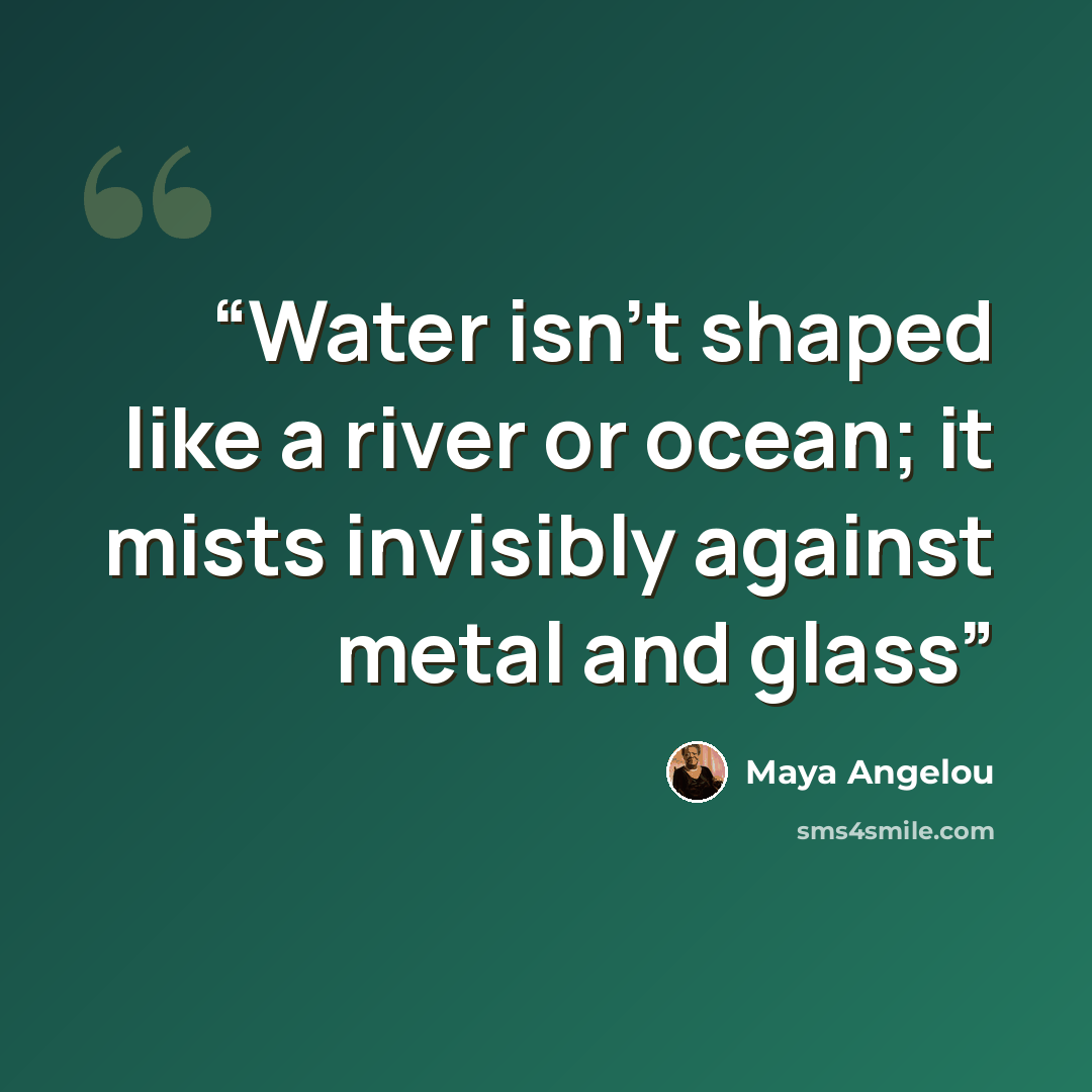 “Water isn't shaped like a river or ocean; it mists invisibly against metal and glass” quote by Maya Angelou