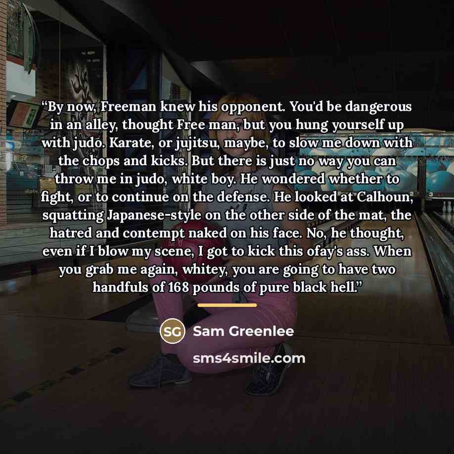 “By now, Freeman knew his opponent. You'd be dangerous in an alley, thought Free man, but you hung yourself up with judo. Karate, or jujitsu, maybe, to slow me down with the chops and kicks. But there is just no way you can throw me in judo, white boy. He wondered whether to fight, or to continue…” quote by Sam Greenlee